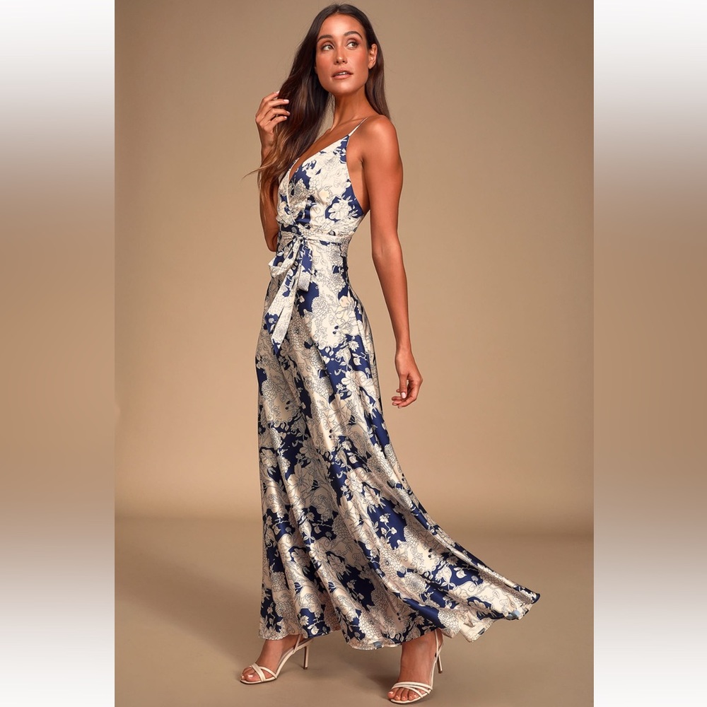 Lulus Tea Gardens Navy Blue Floral Print Satin Maxi Dress
